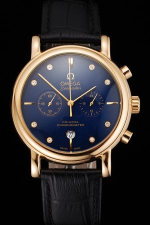 Men Omega Seamaster Co-Axial Escapement Chronograph Yellow Gold Case/Pointer Blue Dial Diamonds Scale Two Sub-dials Date Watch
