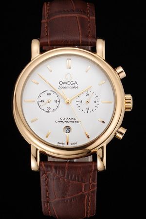 Rep Omega Seamaster Co-Axial Escapement Chronograph Yellow Gold Case/Scale/Pointer White Dial Two Sub-dials Brown Strap Watch