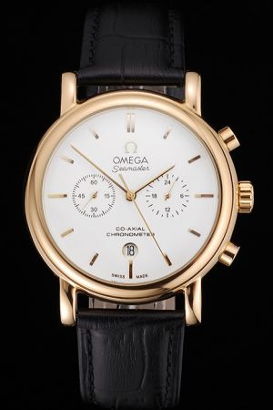 Omega Seamaster Co-Axial Escapement Chronograph Yellow Gold Case White Dial Stick Scale Slender Hand Two Sub-dials Watch