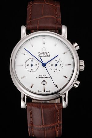 Rep Men Omega Seamaster Co-Axial Escapement Chronometer Silver Case White Dial Stick Scale Blue Hand Brown Strap Watch