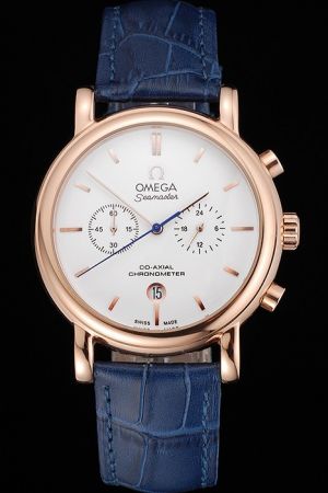 Omega Seamaster Co-Axial Chronometer Rose Gold Case&Scale White Dial Blue Second Hand Two Sub-dials Blue Strap Watch