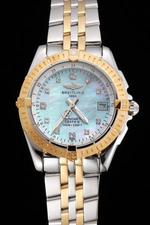 Breitling Colt Lady Light Blue Dial Diamonds Scale Gold Uni-directional Bezel Watch 