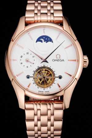 Men Omega De Ville Tourbillon Moonphase Rose Gold Case/Scale/Pointer White Concentric Dial Hour Sub-dial Steel Bracelet Watch