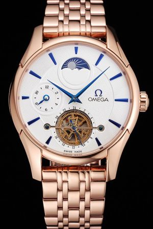Fake Omega De Ville Tourbillon Moonphase Rose Gold Case/Bracelet White Concentric Face Blue Marker/Hand Men Watch