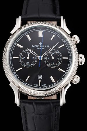 PP Chronograph Silver Ribbed Bezel Stick Track Scale Skeleton Pointers Fake Watch