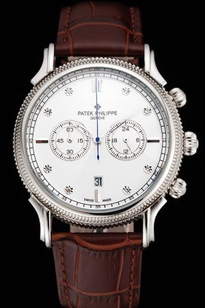Men PP Chronograph Diamonds Track Marker Ribbed Bezel Skeleton Hands Quartz Watch