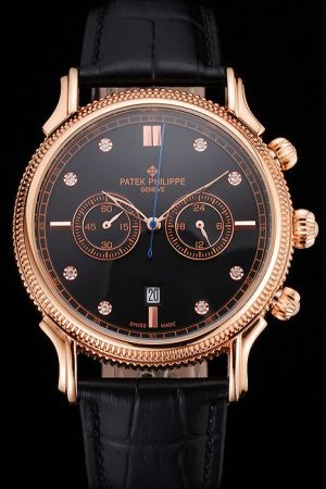 PP Chronograph Rose Gold Ribbed Scale Diamonds Track Scale Black Face Watch