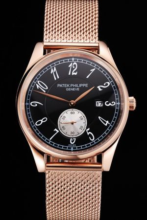 Patek Philippe Calatrava Black Face Arabic Scale Rose Gold Mesh Bracelet Quartz Watch