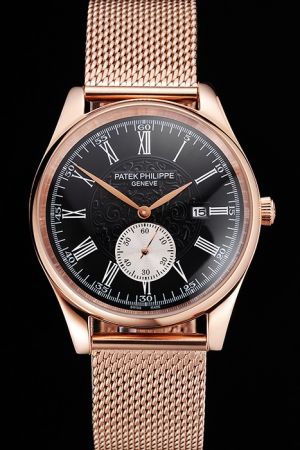 PP Calatrava Black Engraved Dial California Scale Rose Gold Mesh Bracelet Watch