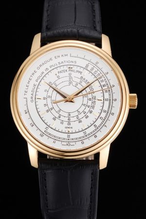 PP Chronograph Yellow Gold Case White Face Pulsemeter and Telemeter Scale Rep Watch