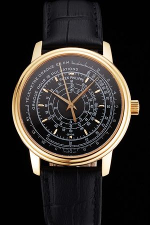 PP Chronograph Yellow Gold Case Black Face Pulsemeter and Telemeter Scale Men Watch