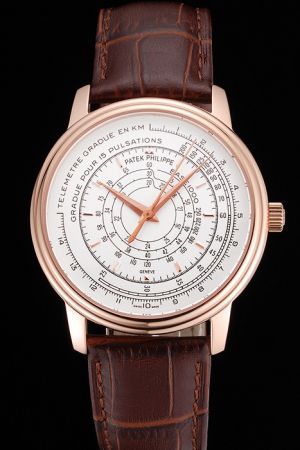 PP Chronograph Rose Gold Case White Face Pulsemeter and Telemeter Scale Watch 5975J