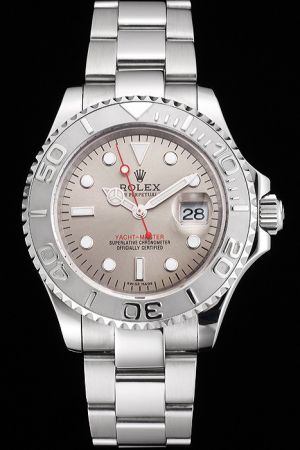 Swiss Rolex Yachtmaster Flexible Bezel Grey Dial Luminous Markers Red Second Pointer White Gold Bracelet Auto Watch