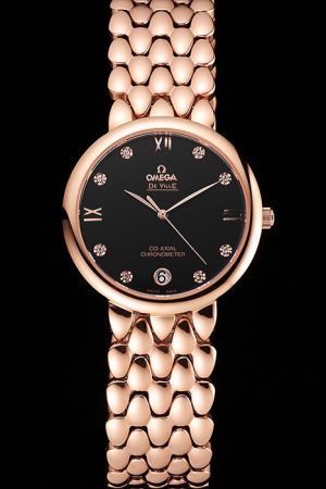 Omega De Ville Co-Axial Prestige Rose Gold Case/Pointer Black Face Diamonds/Roman Marker Dewdrop Steel Bracelet Watch