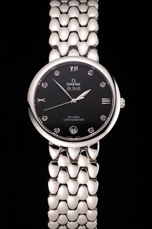 Omega De Ville Co-Axial Prestige Black Dial Silver Case/Pointers Diamonds/Roman Marker Dewdrop Steel Bracelet Watch