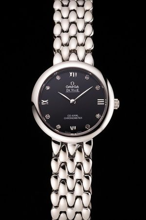 Women Omega De Ville Co-Axial Prestige 28mm Black Dial Diamonds/Roman Marker Silver Pointers Dewdrop Steel Bracelet Quartz Watch
