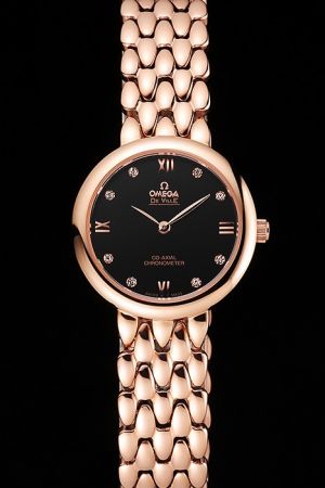 Women Omega De Ville Co-Axial Prestige Black Dial Diamond/Roman Scale Two Pointers Rose Gold Dewdrop Steel Bracelet Watch