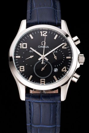 Omega Specialities Co-Axial Chronometer Silver Case Black Dial Arabic/Stick Scale Silver Hand Three Sub-dials Blue Strap Quartz Watch