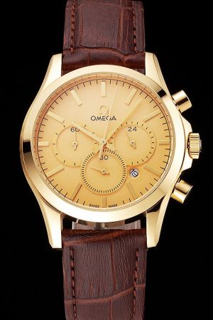 Omega Specialities Co-Axial Chronometer Yellow Gold Case/Face/Scale/Pointer Three Sub-dials Brown Strap Quartz Date Watch