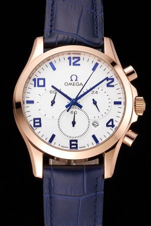 Omega Specialities Co-Axial Chronometer Rose Gold Case White Face Blue Marker/Pointer/Strap Three Sub-dials  Quartz Watch