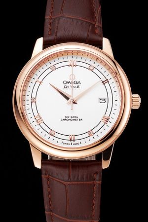 Men’s Omega De Ville Co-Axial Prestige Rose Gold Case White Dial Diamond/Roman/Stick Marker Brown Strap Quartz Watch 424.13.40.20.02.002