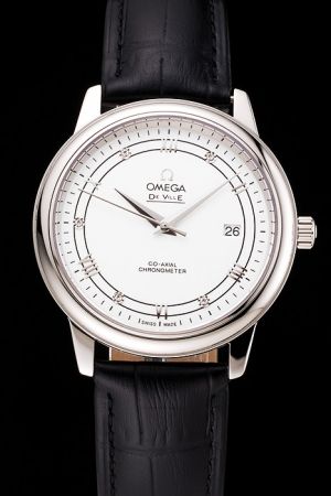  Omega De Ville Co-Axial Prestige Silver Case/Hand White Dial Diamond/Roman Hour Scale Black Strap Date Watch