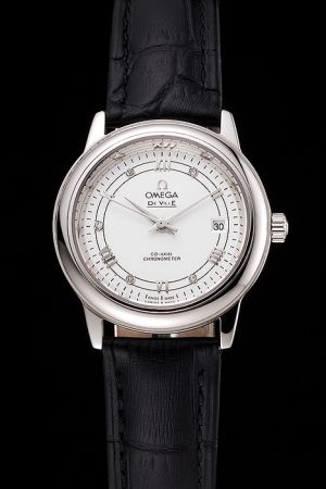 Ladies’ Omega De Ville Co-Axial Prestige Silver Case Stick/Diamond/Roman Scale Dauphine Hand Black Strap Date Watch