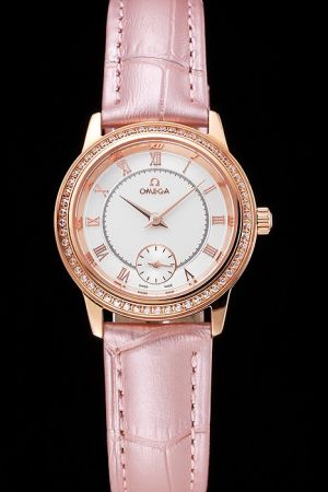 Women’s Omega De Ville Rose Gold Case/Marker/Pointer Diamonds Bezel White Concentric Dial Pink Strap Quartz Watch