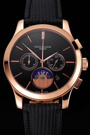 PP Chronograph Rose Gold Case Black Checked Dial Stick Scale Black Textured Strap Watch