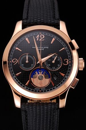 PP Chronograph Rose Gold Case&Marker Black Guilloche Dial Black Textured Strap Watch