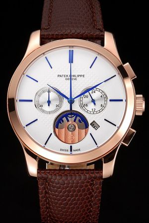 43mm PP Chronograph Rose Gold Case Blue Hands&Stick Marker Brown Textured Band Watch