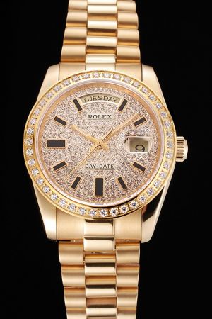 Swiss Rolex Day-date Gold Case/Pointer/Bracelet Full-set Diamonds Bezel/Dial Gold Stick Scale With Black Coating Week Date Watch Ref.118208