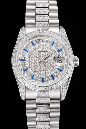 Rolex Day-date Full-set Diamonds Case/Dial Sapphire Hour Scale Silver Stick Pointer Week Display Window Diamonds Inlaid Bracelet Watch