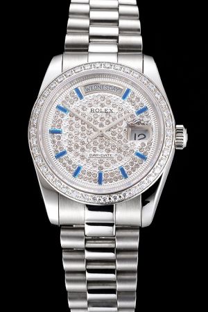  Rolex Day-date Silver Case Diamonds Set Bezel/Dial Sapphire Hour Marker Week Display Window Steel Bracelet Auto Watch