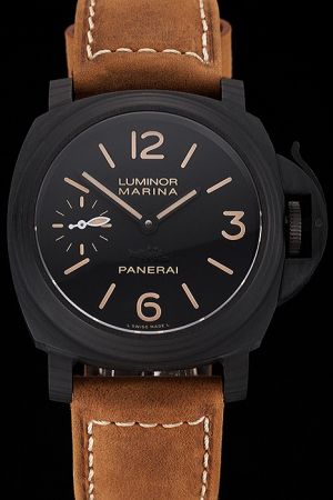 Panerai PAM00111 Luminor Marina Brown Leather Strap Mens Black PVD Swiss Watch PN146