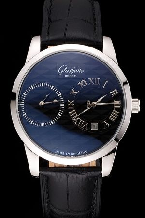 Glashutte Chic Fashion Black Dial Stainless Steel Case Black Leather Strap Men's Watch Replacement GS003
