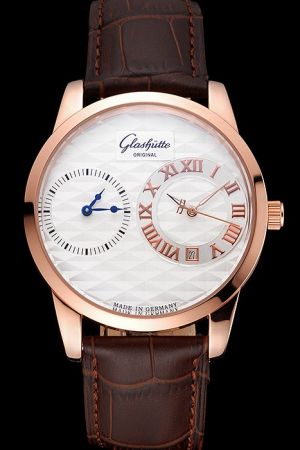 Glashutte Silver Textured Dial Rose Gold Case Brown Leather Strap Watch for Men Low Price GS004