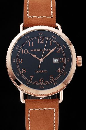 Hamilton H77715553 Khaki Navy Pioneer Quartz Black Dial Gold Case Brown Leather Strap Watch HM004  