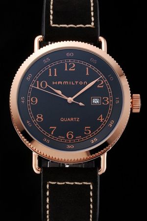 Hamilton Navy Japanese Quartz Caliber Black Dial Rose Gold Case Black Leather Strap Watch HM007