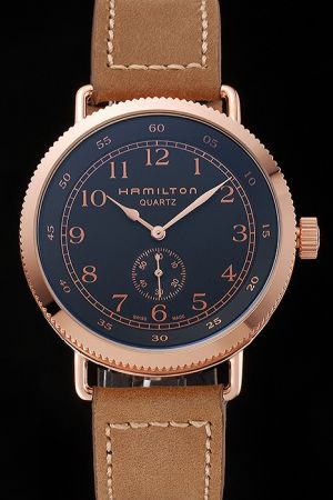 Hamilton Khaki Navy H78455543 Black Dial Rose Gold Case Brown leather Strap Dress Watch HM009