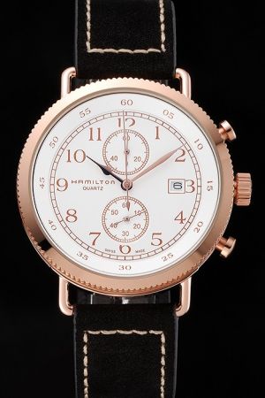 Hamilton Khaki Navy Pioneer Chrono H77706553 White Dial Gold Case Black Strap Casual Watch HM012