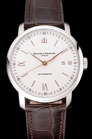 Swiss Made Baume & Mercier Classima MOA08686 White Dial Brown Leather Strap Watch BM002