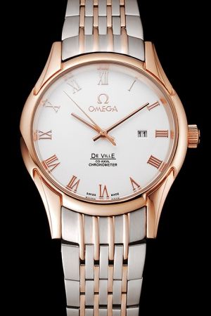  Omega De Ville Co-Axial Rose Gold Case Roman Scale Stick Pointers Two-tone Steel Bracelet Quartz Date Watch