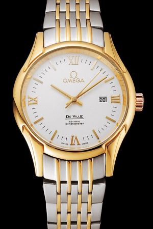 Men Omega De Ville Co-Axial Yellow Gold Case White Dial Roman/Stick Scale Two-tone Steel Bracelet Rep Watch