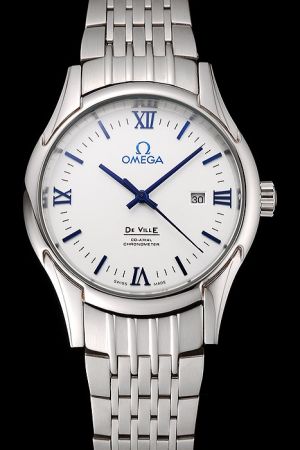 Omega De Ville Co-Axial Stainless Steel Case/Bracelet White Dial Blue Roman/Stick Scale Blue Stick Pointer Men Date Watch