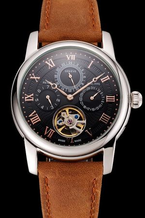 PP Grand Complications Tourbillon Black Dial Rose Gold Marker&Hands Brown Strap Watch