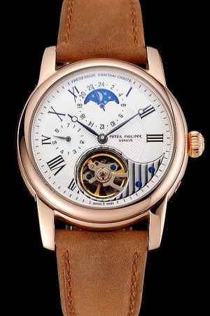 PP Grand Complications Tourbillon Moonphase Rose Gold Case Brown Suede Band Watch