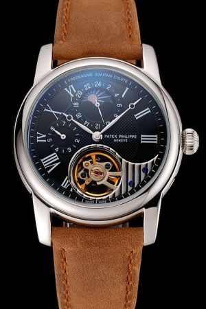 PP Grand Complications Tourbillon Moonphase Roman Scale Brown Suede Strap GMT Watch