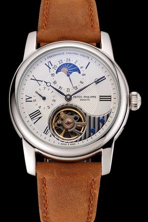  PP Grand Complications Tourbillon Moonphase Roman Marker Suede Strap Watch