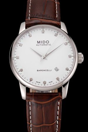 Replica Swiss Mido Baroncelli Thin Bezel White Face Diamond/Stick Marker Dauphine Hand Brown Strap With White Stitching Watch